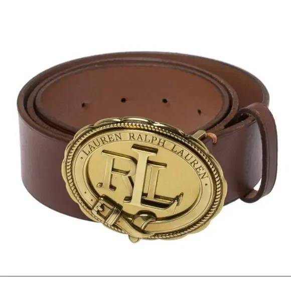 Ralph Lauren RL Oval Circle Logo Buckle Western Leather belt Brown M - Picture 1 of 5
